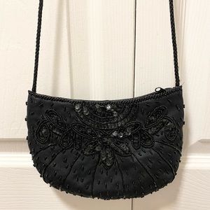 Vintage City Nights Beaded Sequin Flapper Full Zip Purse Crossbody Bag Black